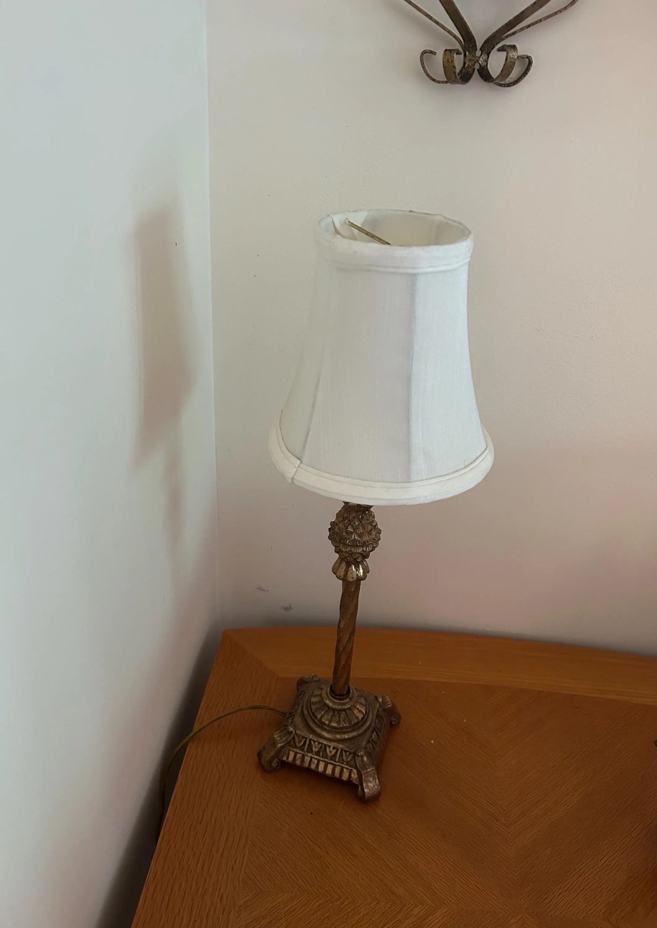 Vintage Ornate Cast Metal Buffet Lamp Brass Tone with Pleated Shade
