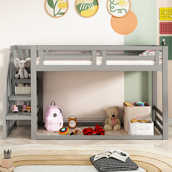 Lit superposé bas 90x200 cm gris pour enfants, structure en bois massif avec escalier sécurisé et sommier à lattes