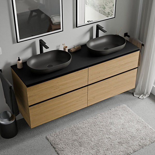 Meuble sous vasque suspendu MDF Chêne miel, plan vasque Noir mat, poignée Anthracite mat - 160x46x62cm - LAVOA