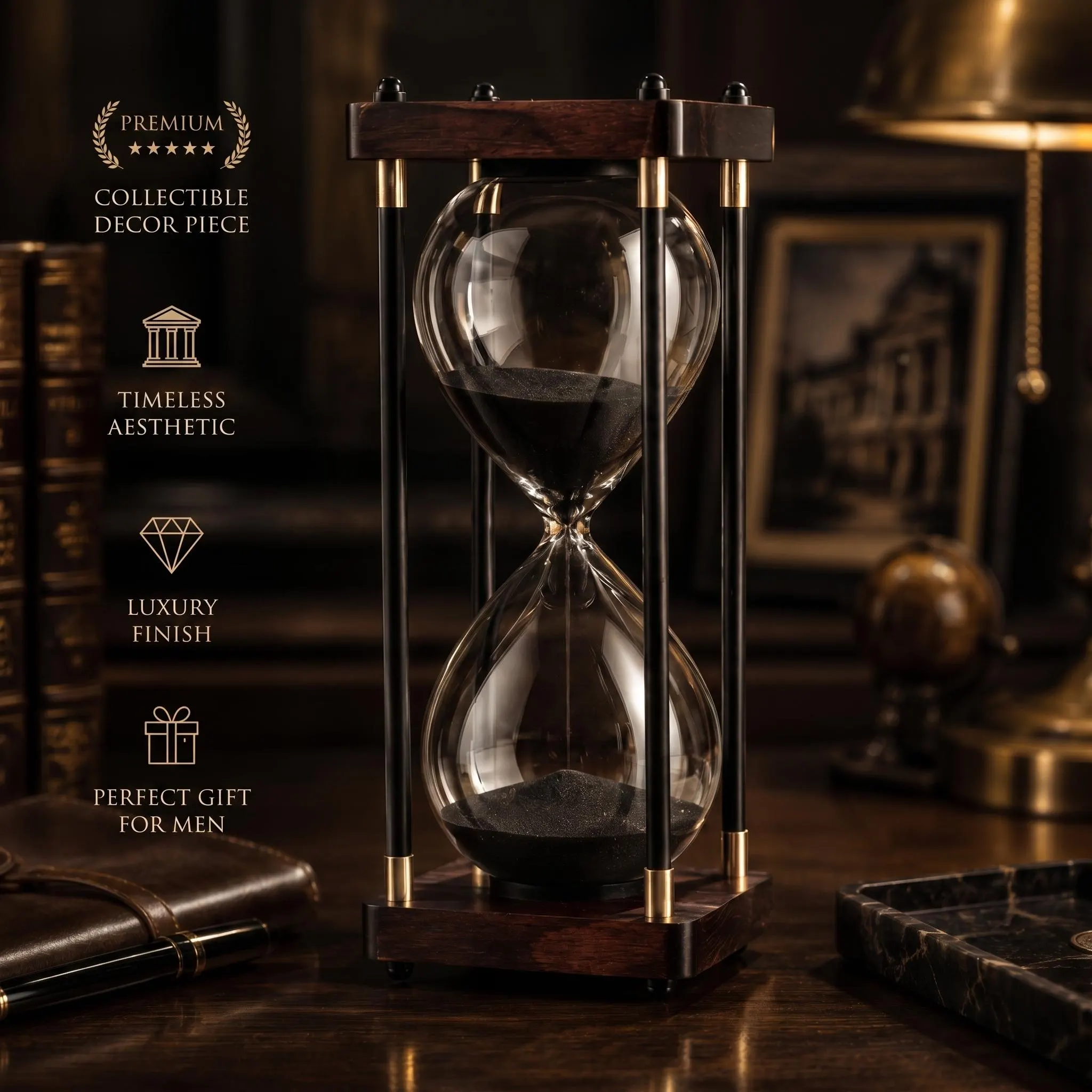 Wooden Hourglass Decor, Dark Academia Executive Desk Accessory, Masculine Office Timer