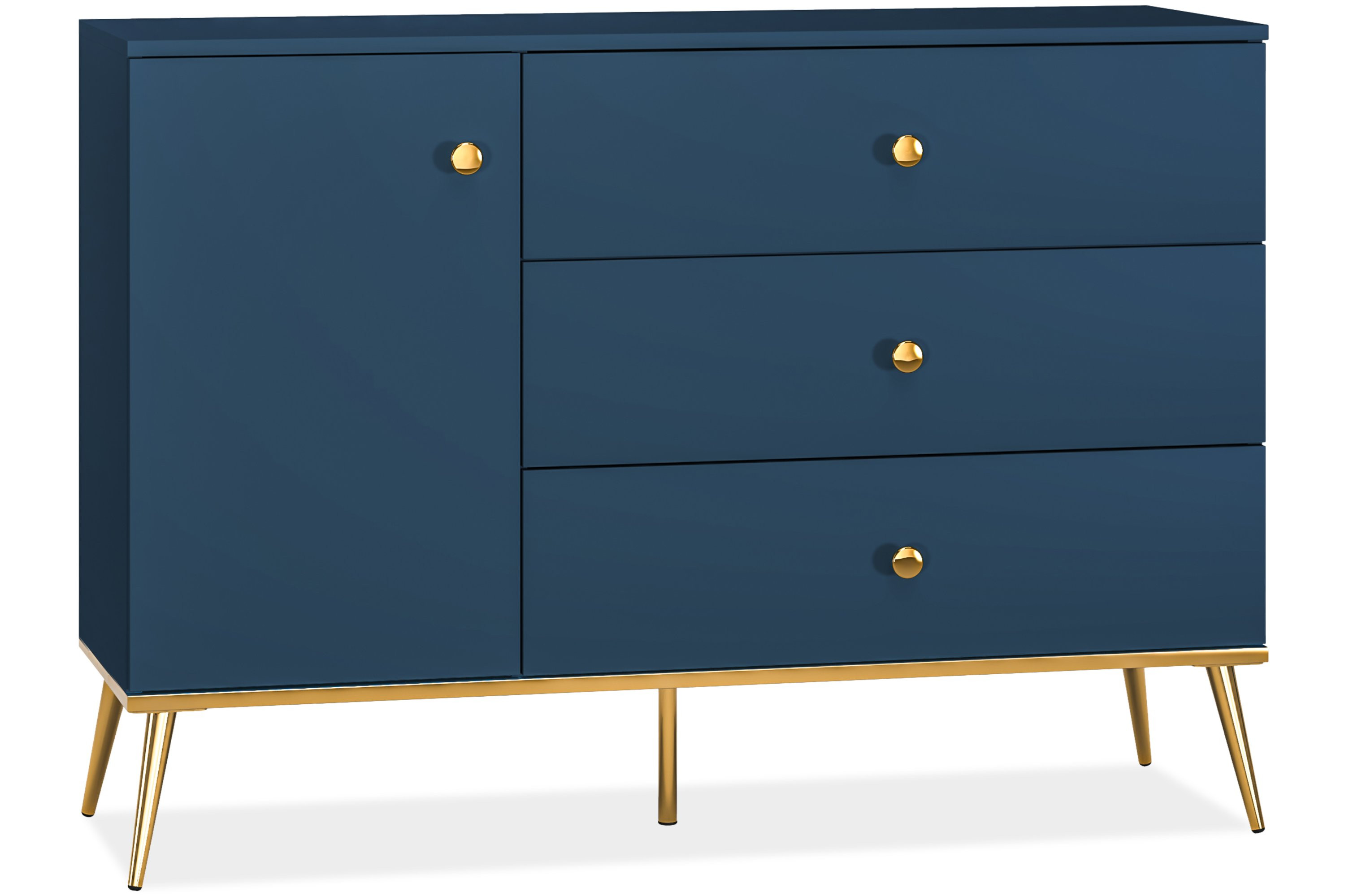 KONSIMO ARICIA Granatowa komoda 120 cm z szufladami na złotych nóżkach