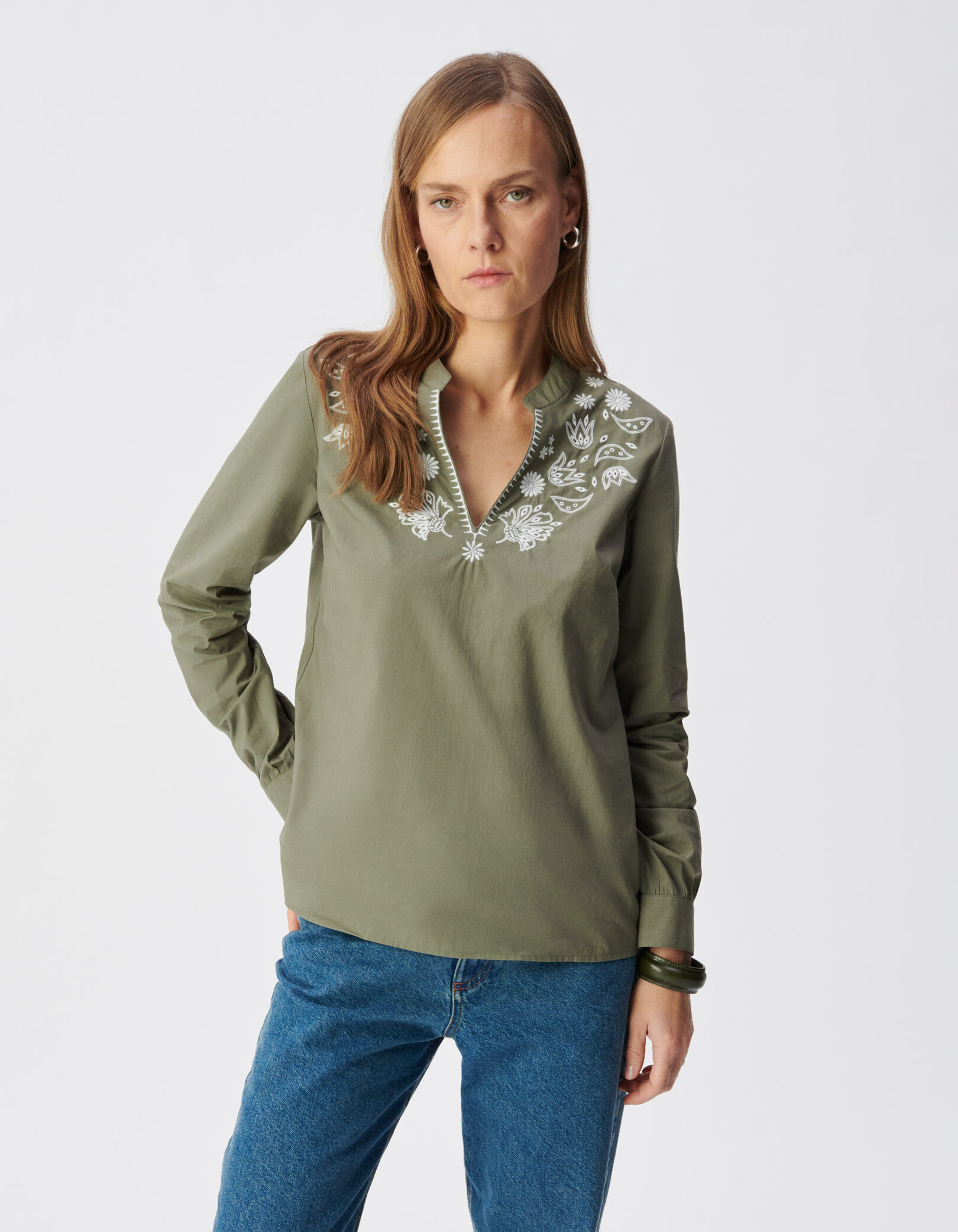 Blouse kaki coton bio broderies plastron Femme