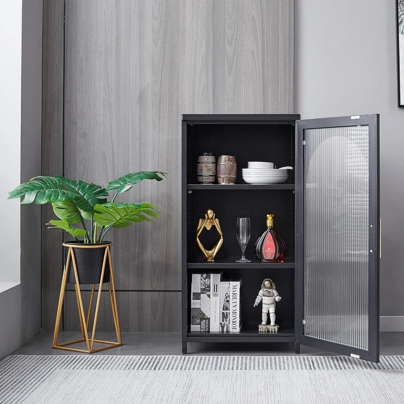 Metal Decorative Display Storage Cabinet with Glass Doors and Adjustable Shelf