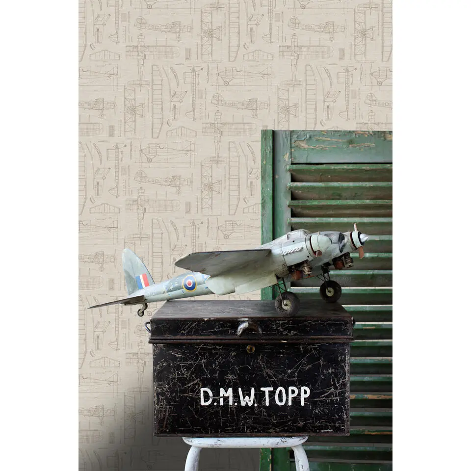 ESTAhome behang constructietekeningen van vliegtuigen beige en zandkleurig