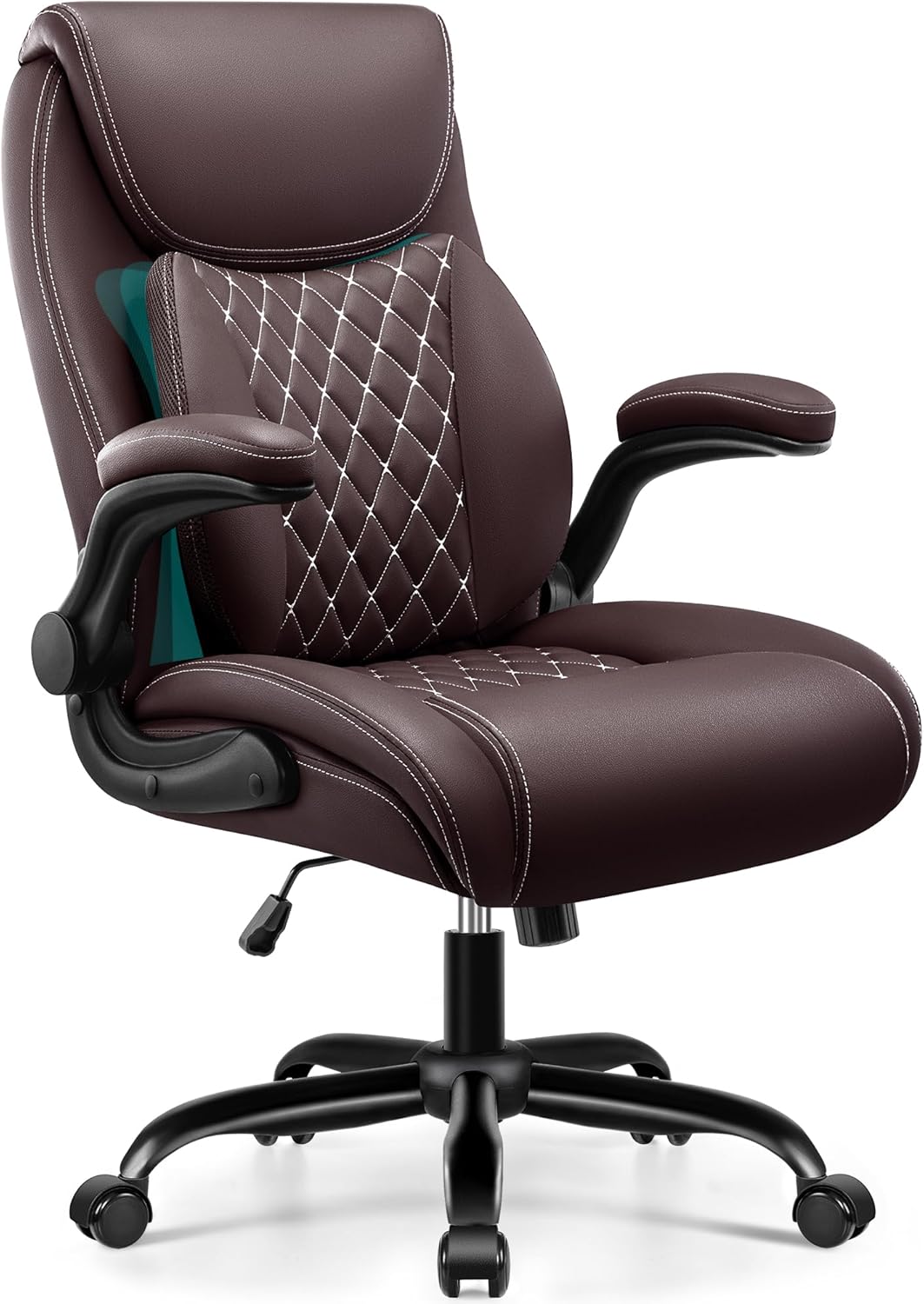 BESTFAIR Office Chair, Executive Computer Desk Chair with Lumbar Support for Lower Back Pain Relief, Ergonomic Leather Home Chair Comfy with Padded Flip-up Arms and Adjustable Armrests, Coffee