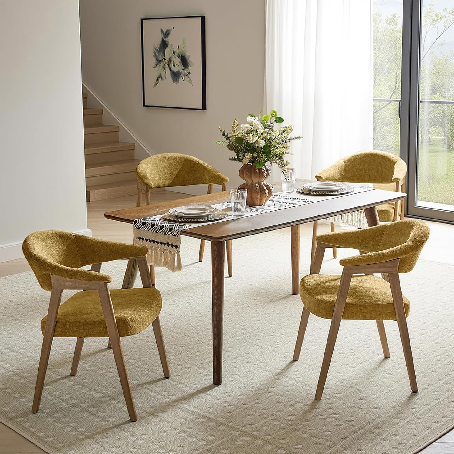 HULALA HOME Dining Chairs with Arm Set of 4, Mid-Century Modern Upholstered Kitchen Dining Room Chair with Solid Wood Legs & Curved Backtrst, Armchairs Accent Chairs for Living Room - Golden