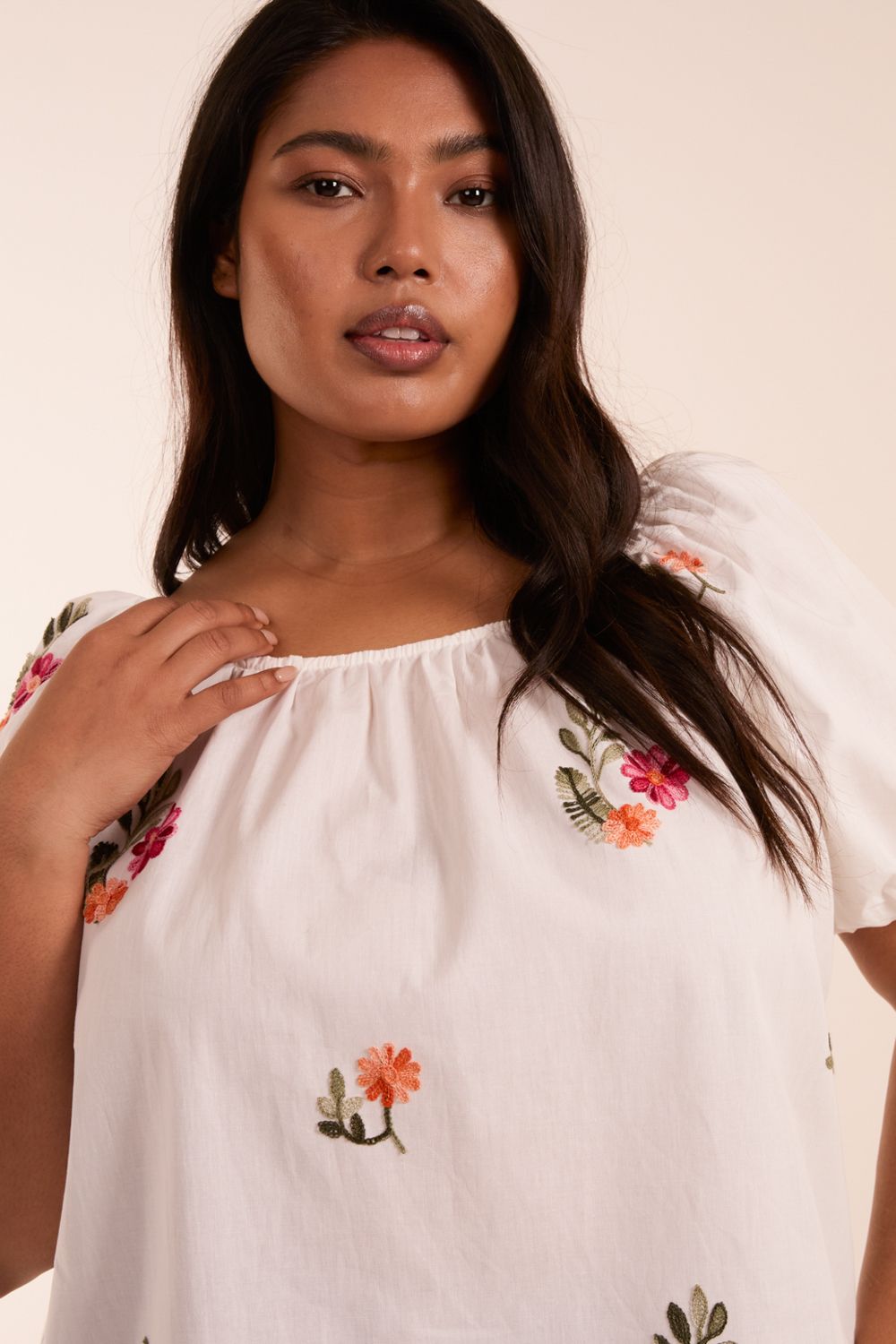 Blue Vanilla Curve Milkmaid Flower Embroidered Top