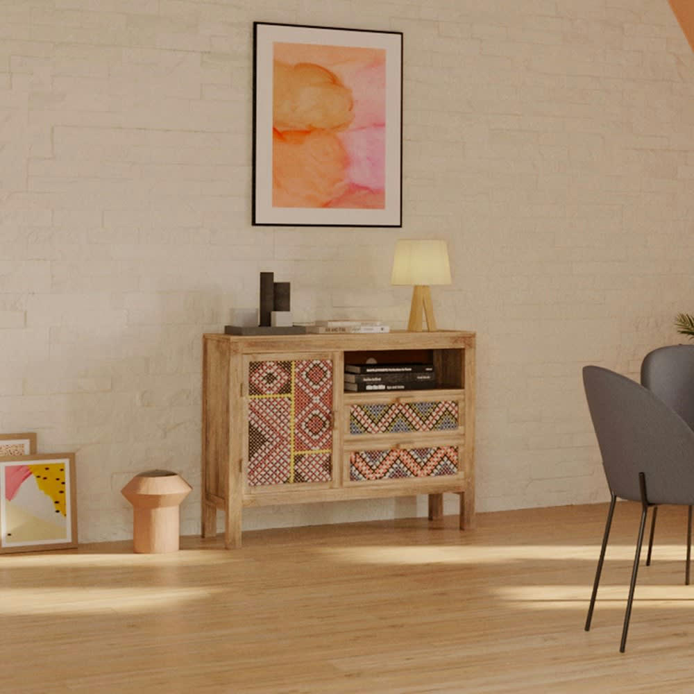 MASSAÏ - Buffet 1 porte 2 tiroirs en manguier et cannage coloré