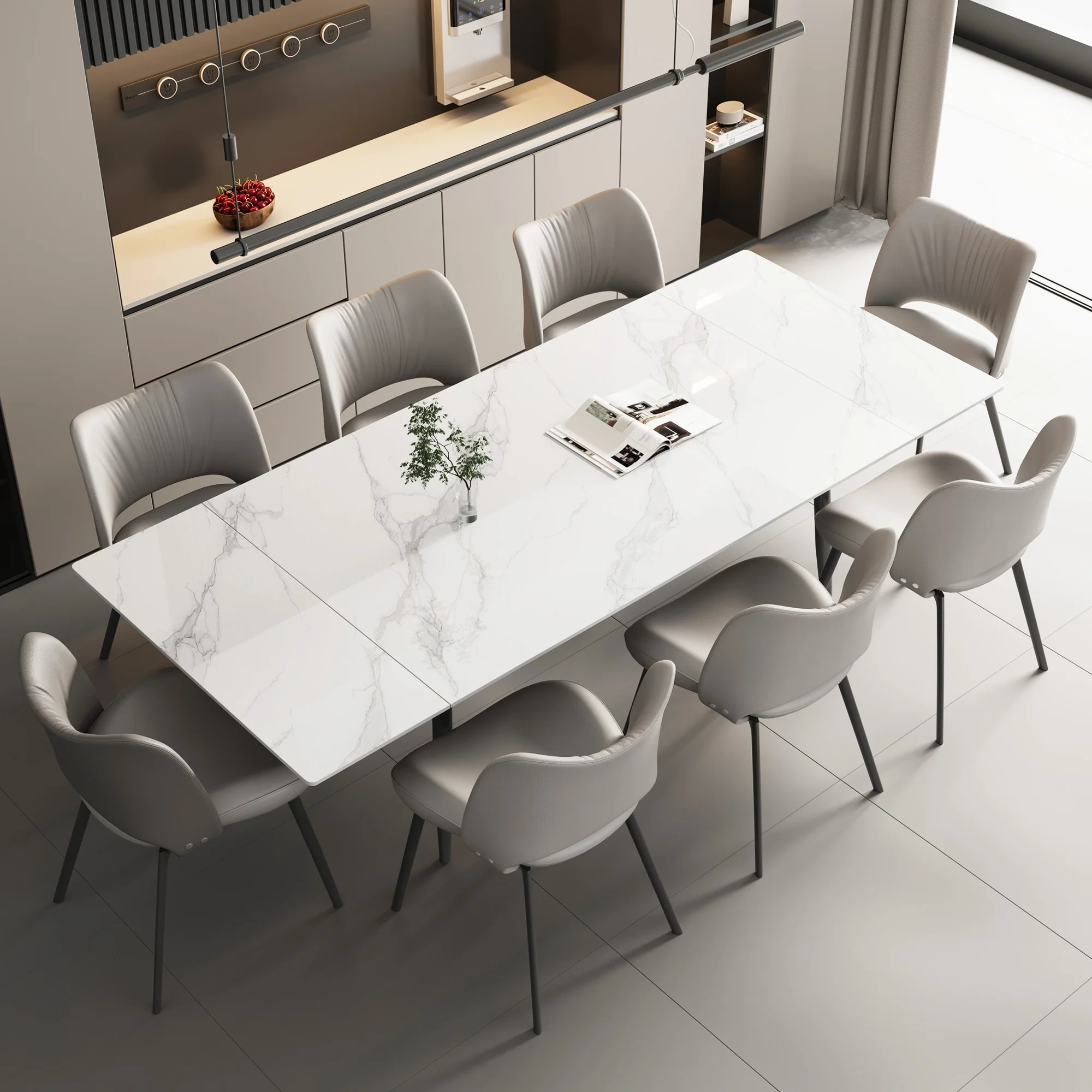 62.9'' to 94.4'' expandable Slate rectangular Glossy White kitchen Stone Top dining table stainless steel legs.