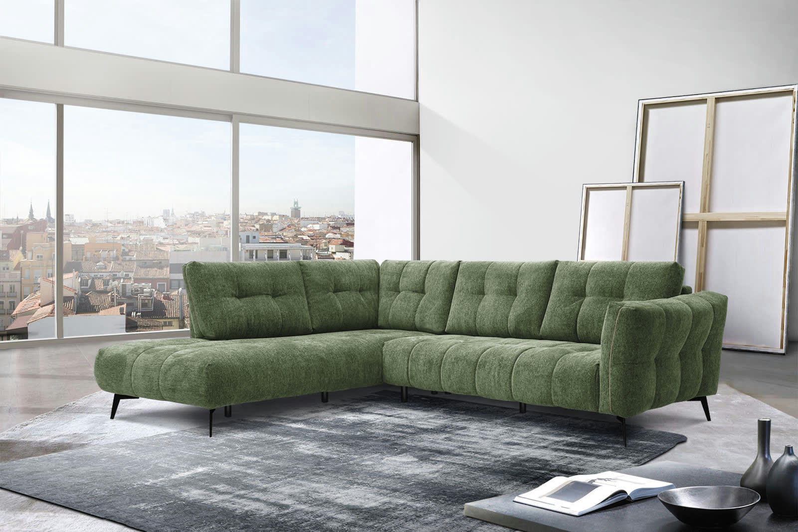 KALMER - Canapé d'angle gauche 5 places tissu vert