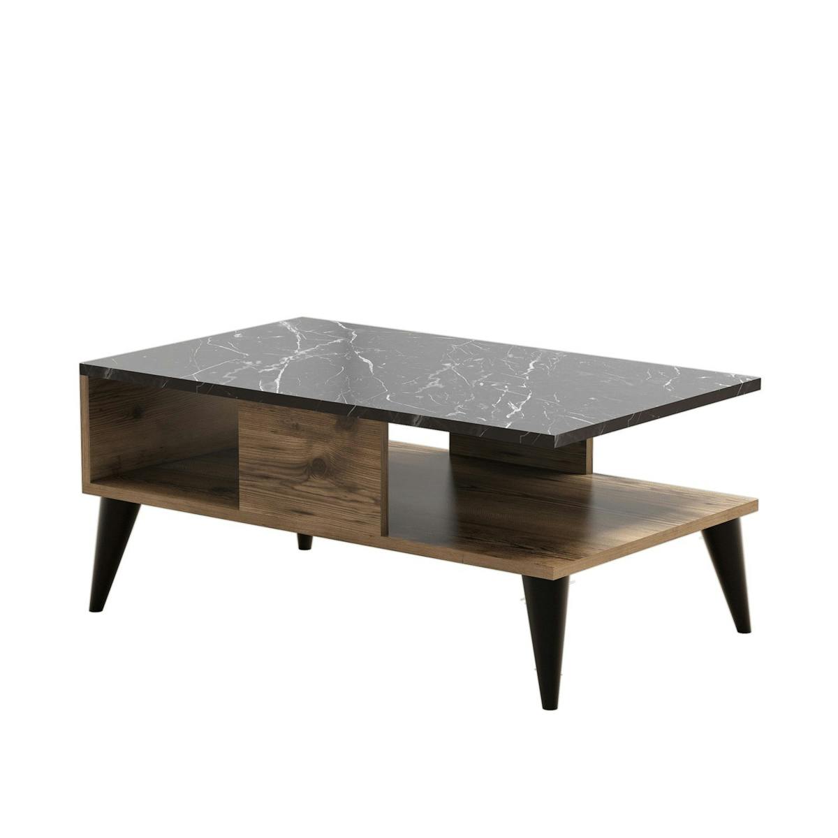 Table basse 2 plateaux effet marbre noir et noyer MARFA