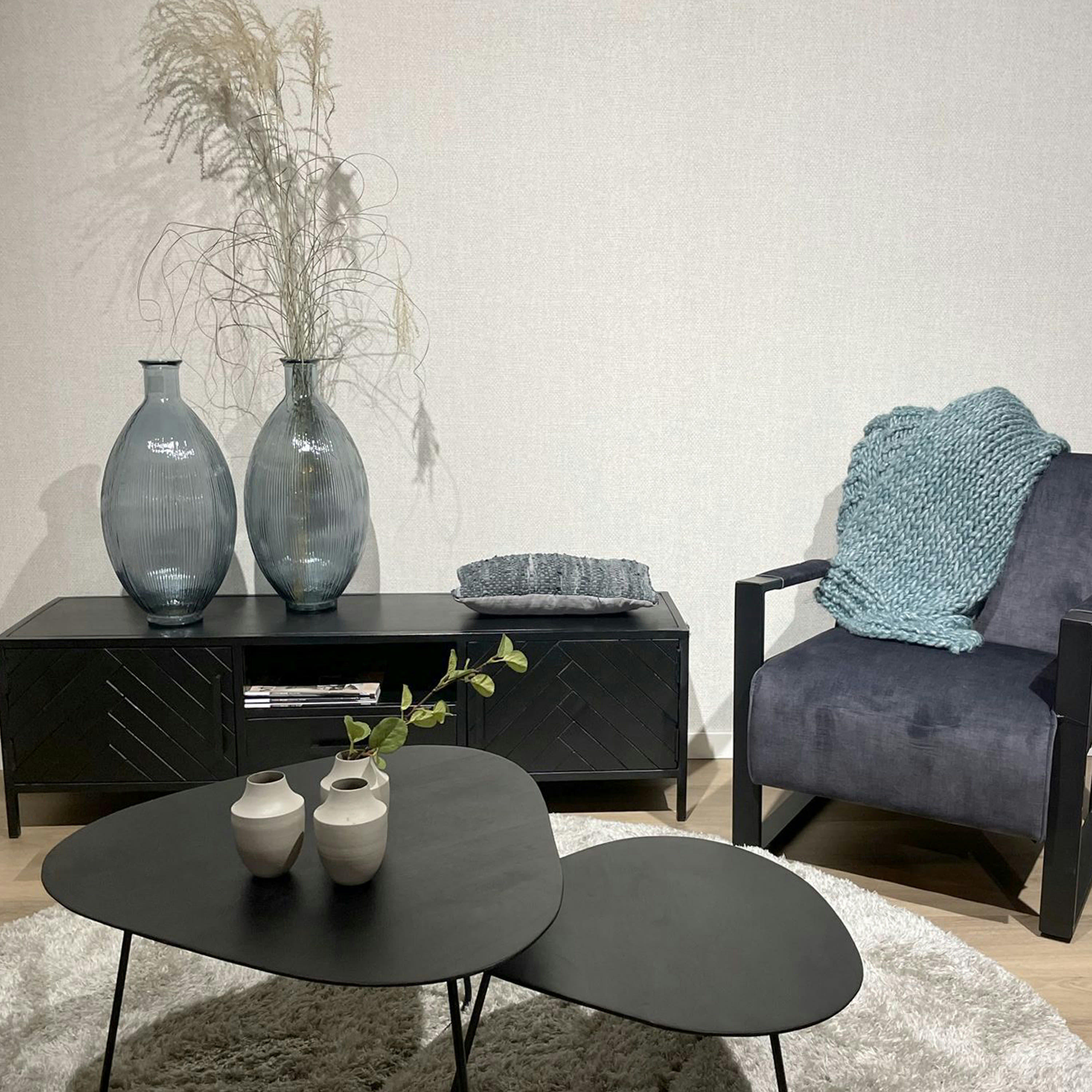 HENDAYE - HENDAYE-Meuble TV 2 portes 1 tiroir L150, Manguier massif noir, métal