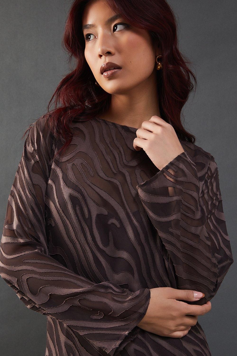 Warehouse Petite Burnout Chiffon Column Long Sleeve Maxi Dress