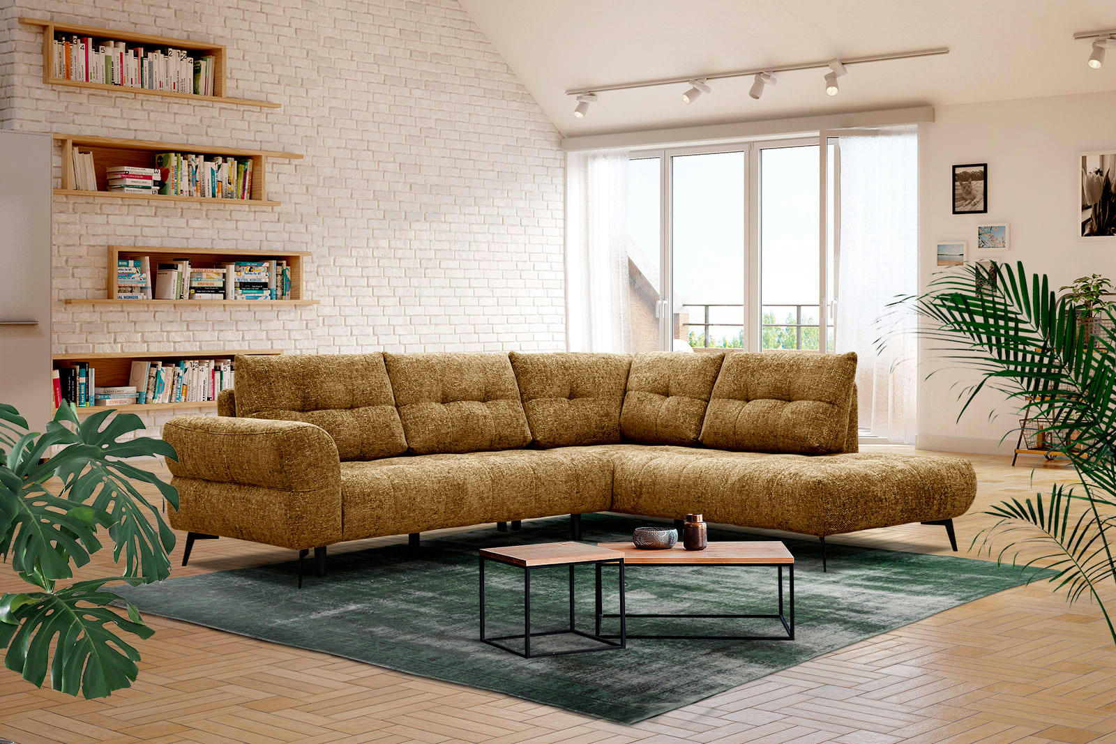 SALVINI - Canapé d'angle droit 5 places tissu doré