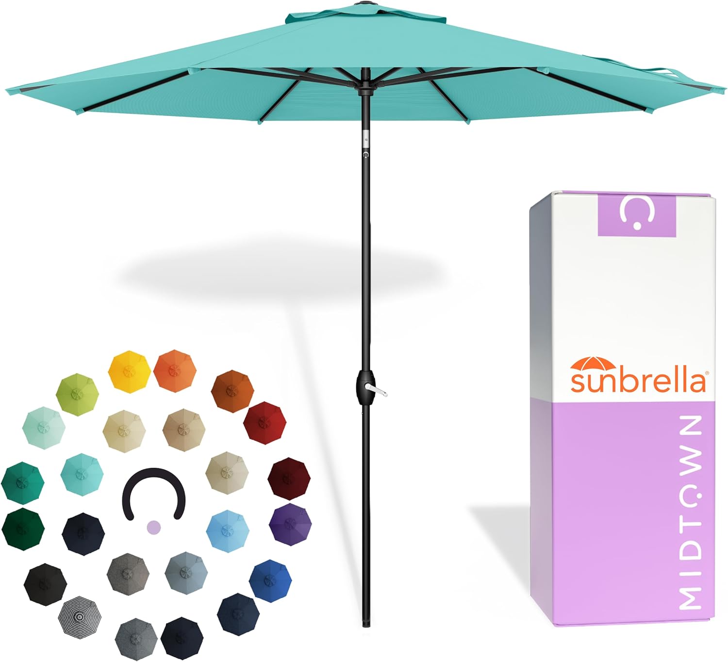 Midtown Umbrellas - The Lean 9 Ft Patio Umbrella with Fade-Resistant Sunbrella Fabric  Auto-Tilt Aluminum Frame and 8 Reinforced Ribs for Deck  Pool & Garden - Aruba Canopy  Black Pole