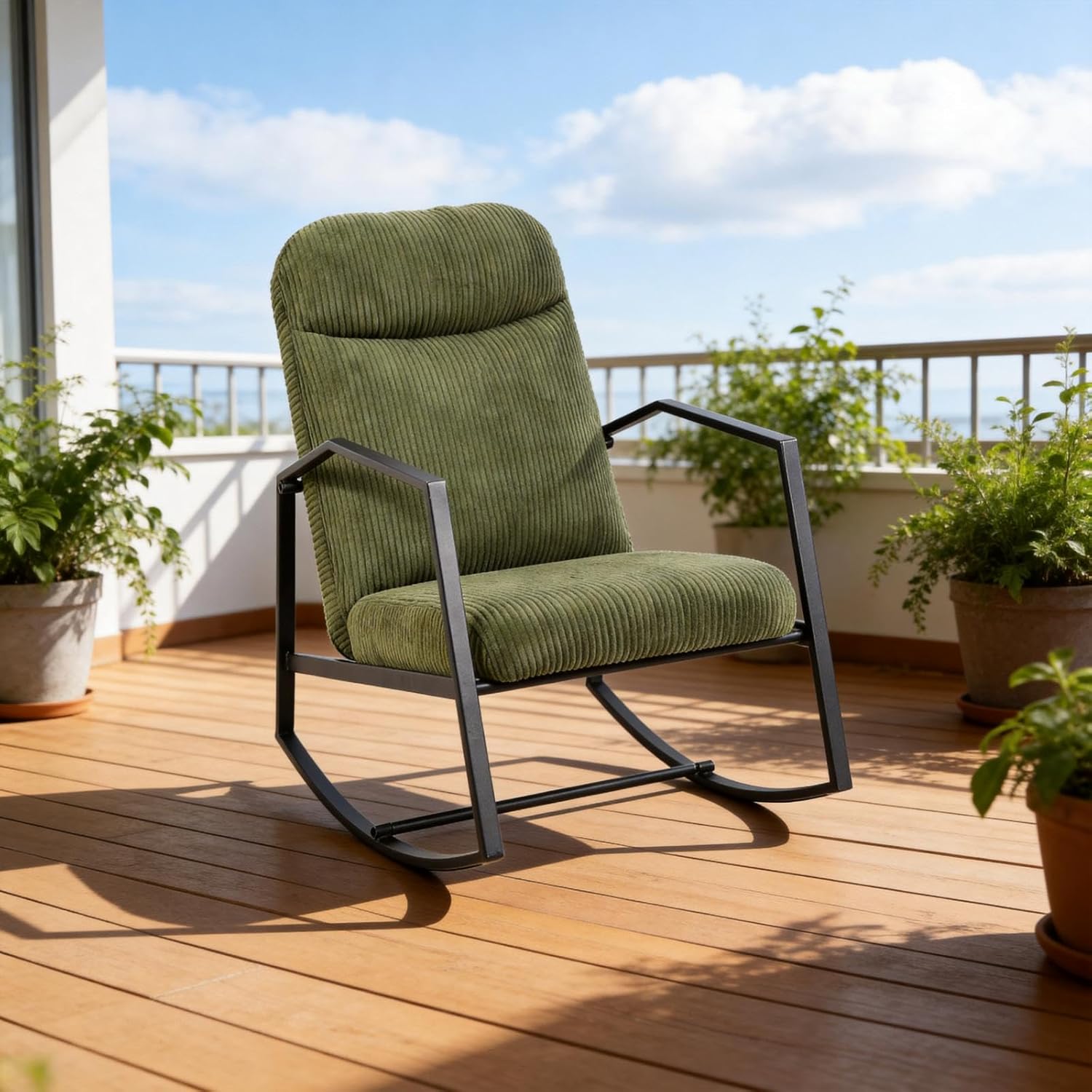 Kinfant Mid Century Modern Rocking Chair, Corduroy Upholstered Accent Chair with Metal Frame, High Back Nursery Glider Rocker, Comfy Reading Lounge Chair for Living Room Bedroom Small Space Green