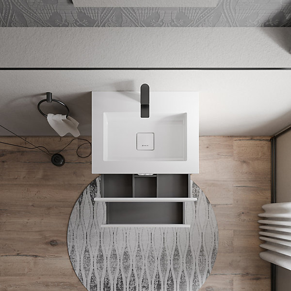 Meuble vasque suspendu MDF Blanc mat, lavabo fonte Blanc mat   trou robinet - 60x46x50cm - AVA BRUXELLES