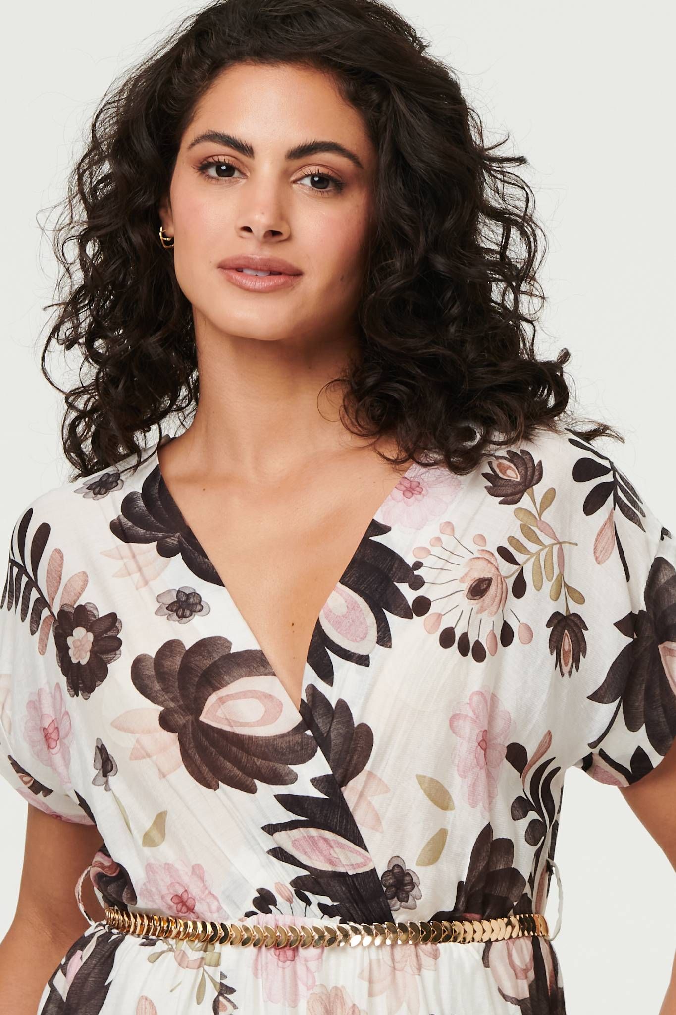 Izabel London Floral Cap Sleeve Belted Wrap Midi Dress