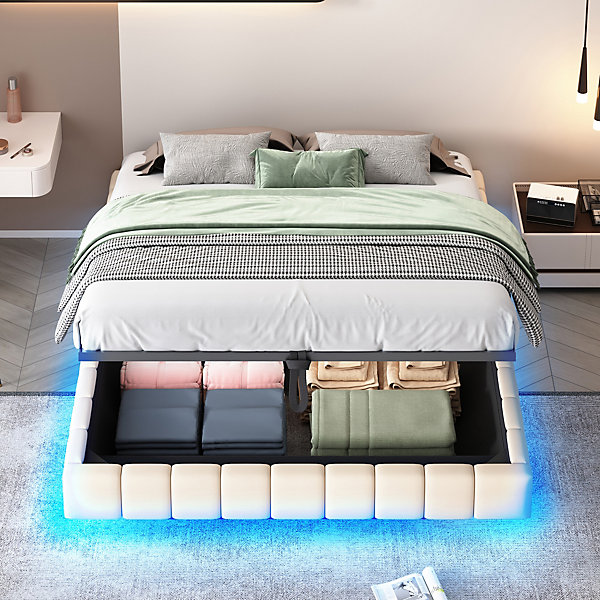 Lit Coffre Double 160x200 cm - avec Sommier à Ressorts et Rangement Intégré, LED Incluse, Sans Matelas, Tissu Lin Beige