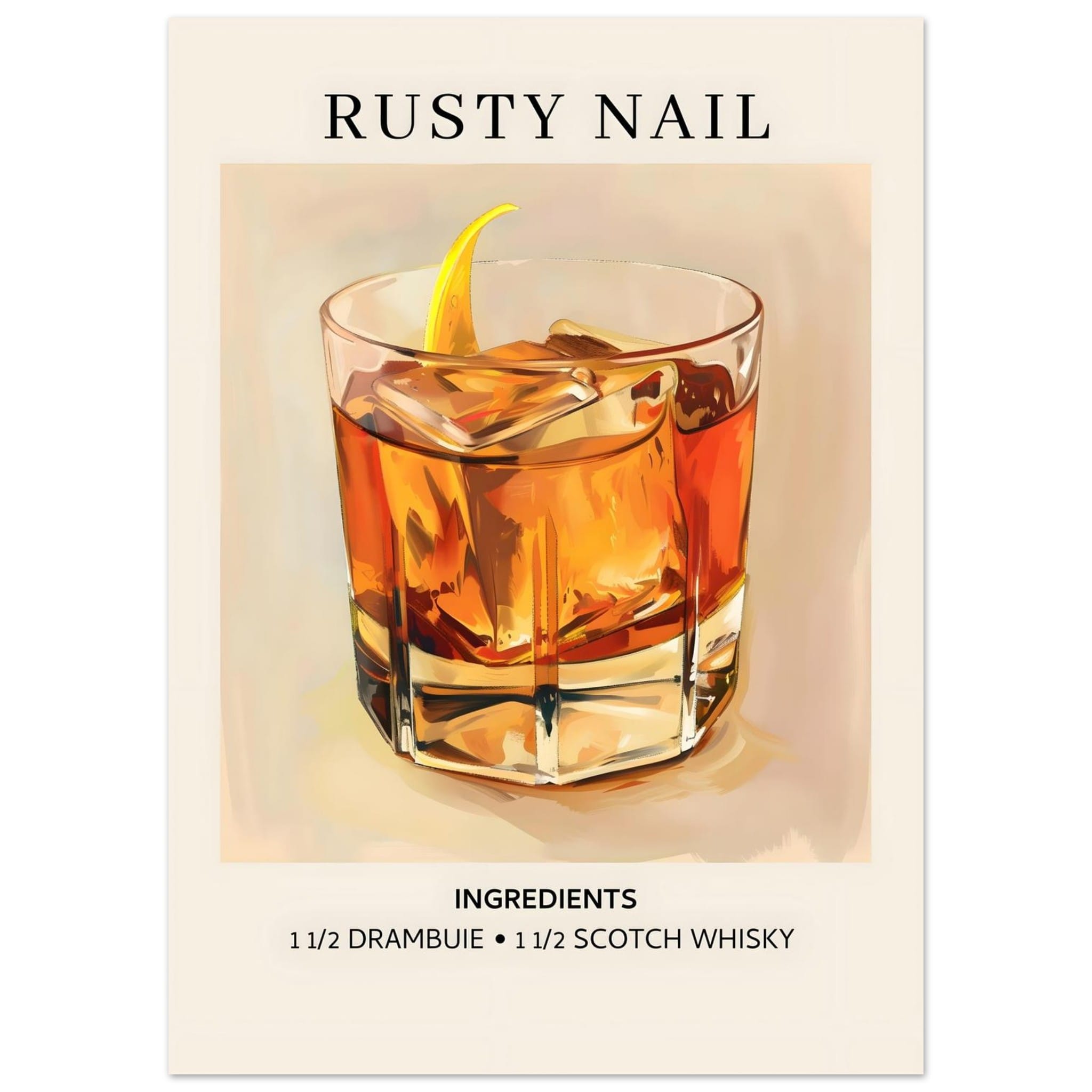Artfulprints Poster Rusty Nail cocktail - Ingredients  - 50x70 cm - Bruin