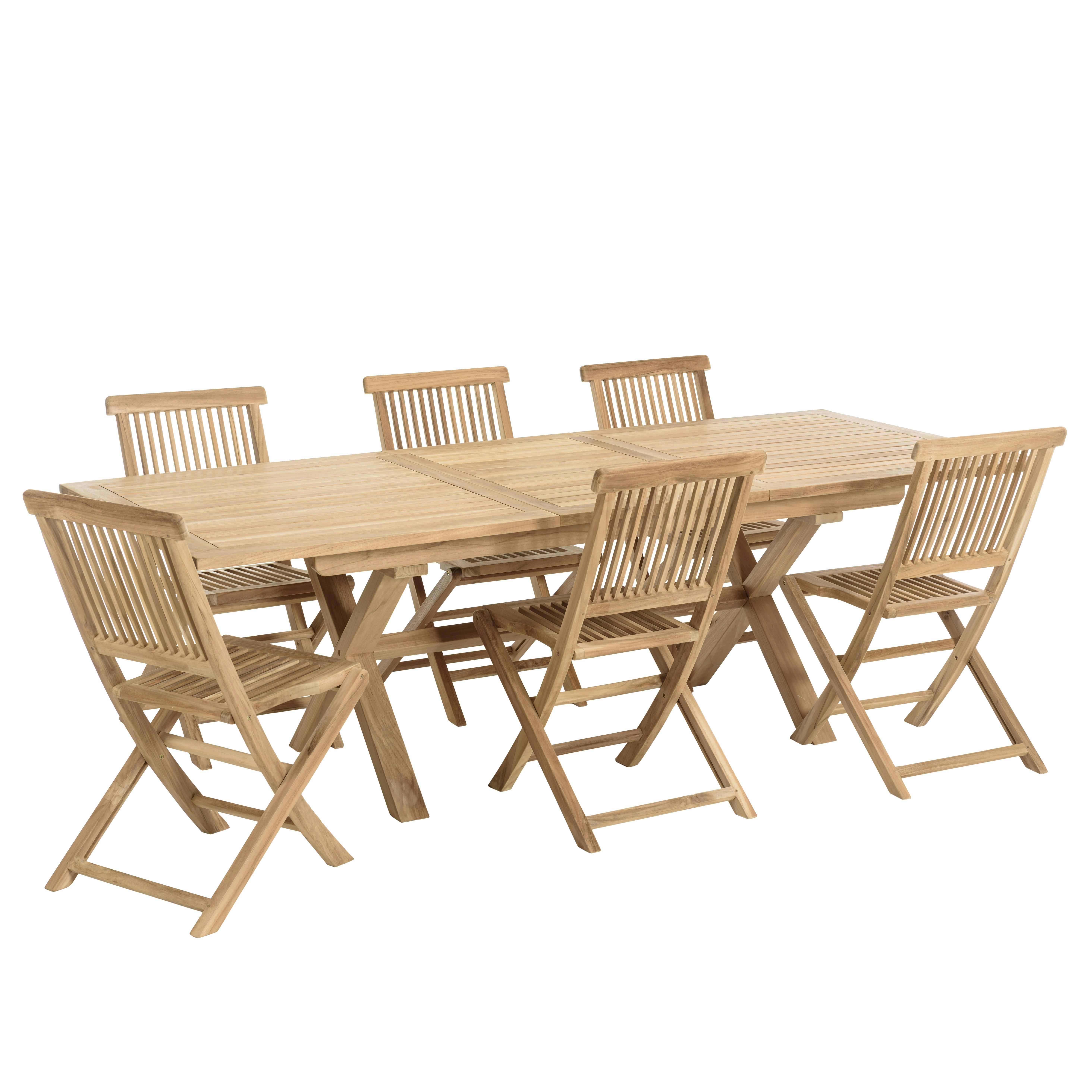 Salon de jardin teck brut table pieds en croix 180/240   6 chaises bord droit SUMMER