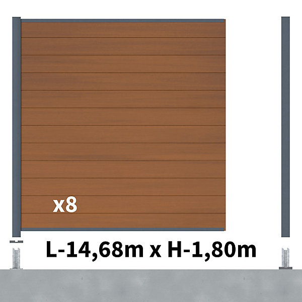 Kit Clôture Composite CRUZ Teck 14,5x1,8m - Bois composite &Aluminium - Poteaux sur Platines Gris - Brise vue - Palissade