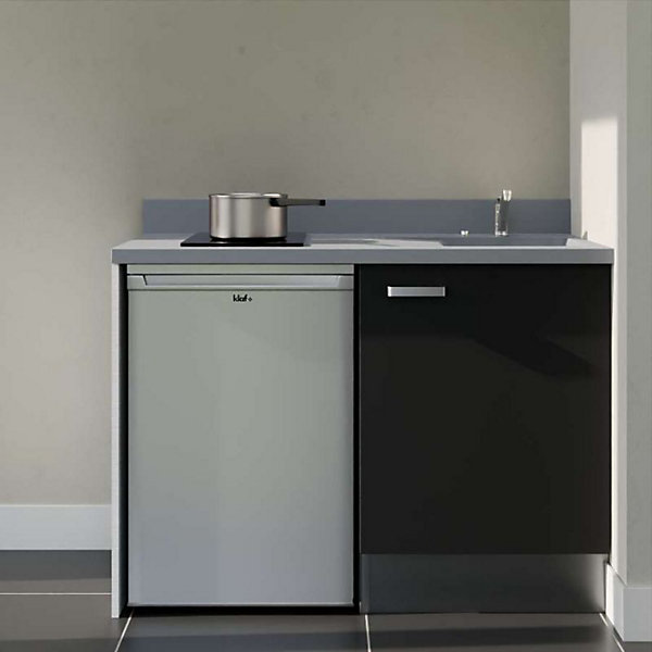 Kitchenette K08 - 120 cm - façades Noir - Plan monobloc en quartz coloris Cromo évier à droite