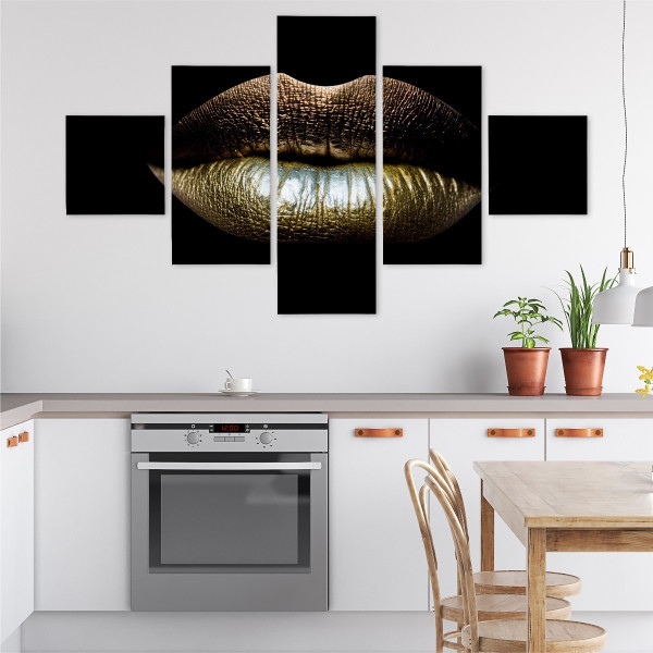 Obraz 5-Częściowy Złote USTA Erotyka Efekt 3D 150x90cm