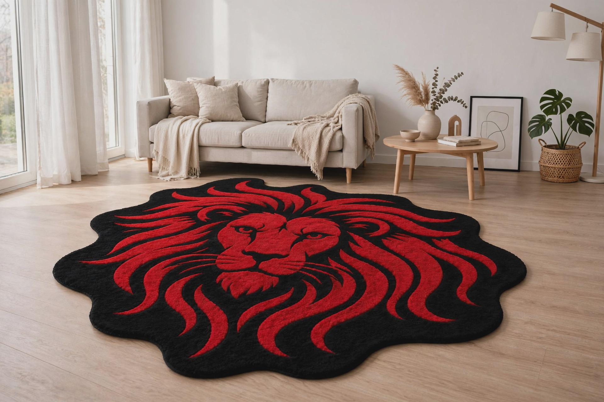 Hand-Tufted Wool Lion Shaped Area Rug, Black Red Statement Carpet
