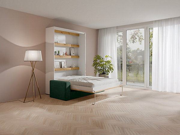 Lit escamotable 160 x 200 cm - Ouverture verticale manuelle - Avec LEDs - Blanc et naturel   Canapé Vert   Matelas- RAPILI