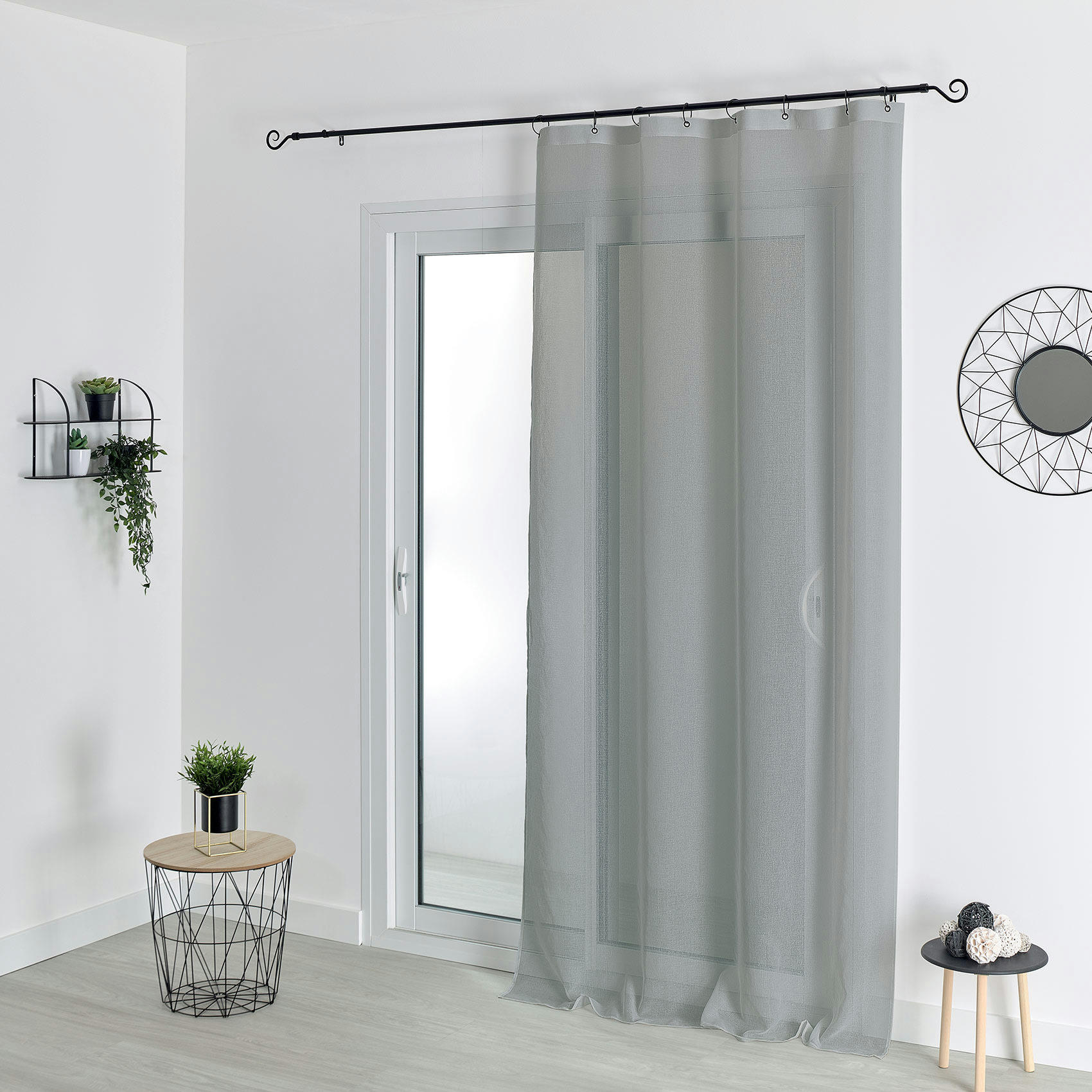 - Voilage à anneaux noirs amovibles polyester gris 140x240 cm