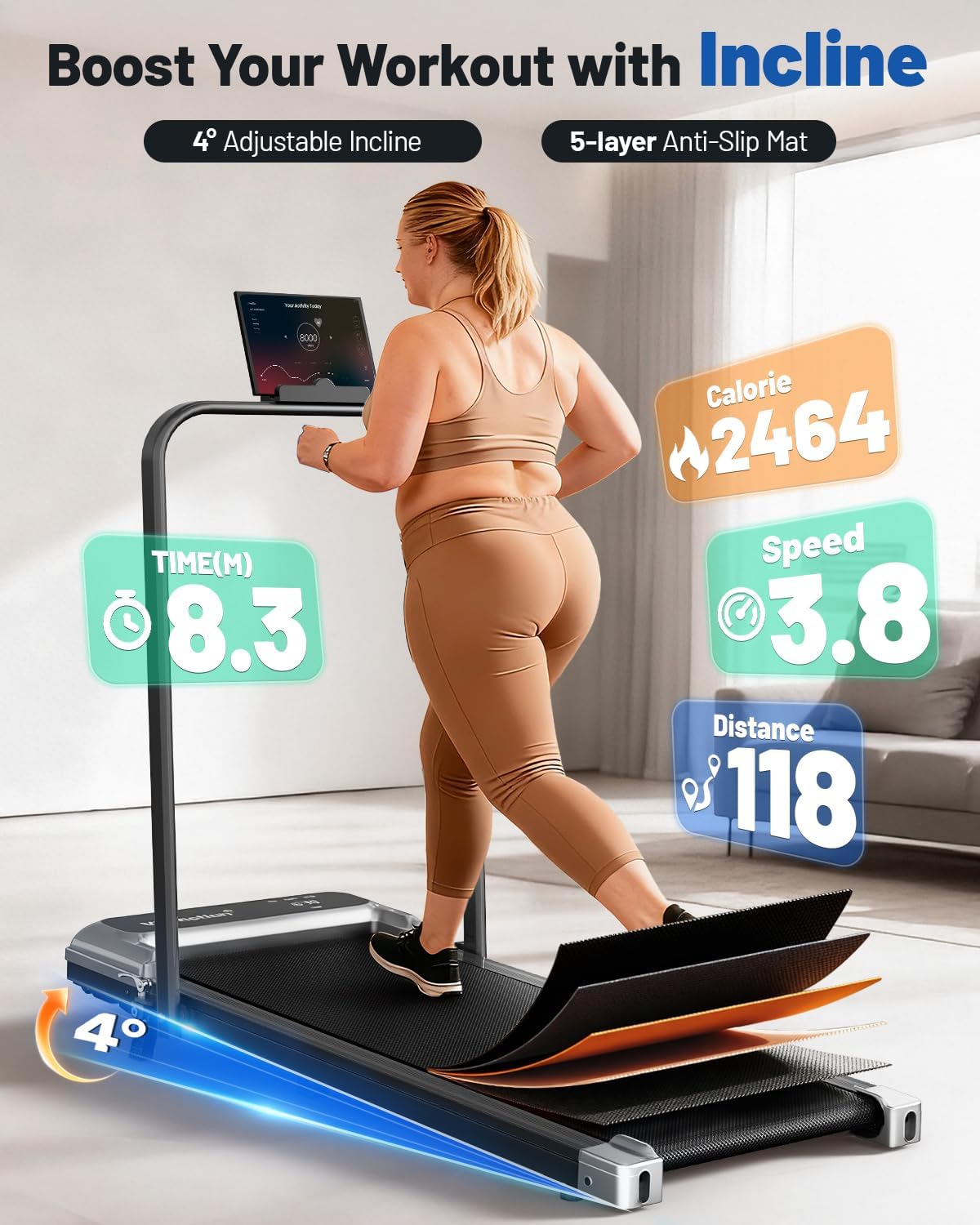 Walking Pad Treadmill with Handle Bar and Adjustable Incline, Compact Portable Treadmills for Home Office, 2.5HP Quiet Anti-Slip Under Desk Treadmills, 0.6-3.8 MPH Remote Speed Control, 265 LBS