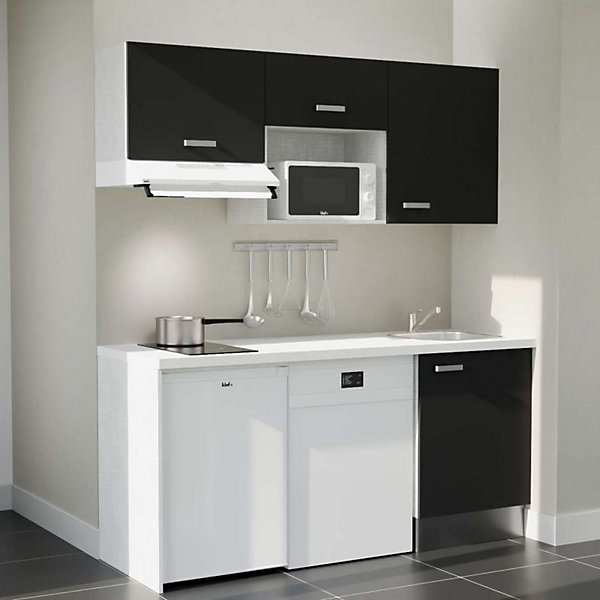Kitchenette K55 - 180 cm - Façades : Noir - Plan de travail : Blanc - Crédences : Non - Evier