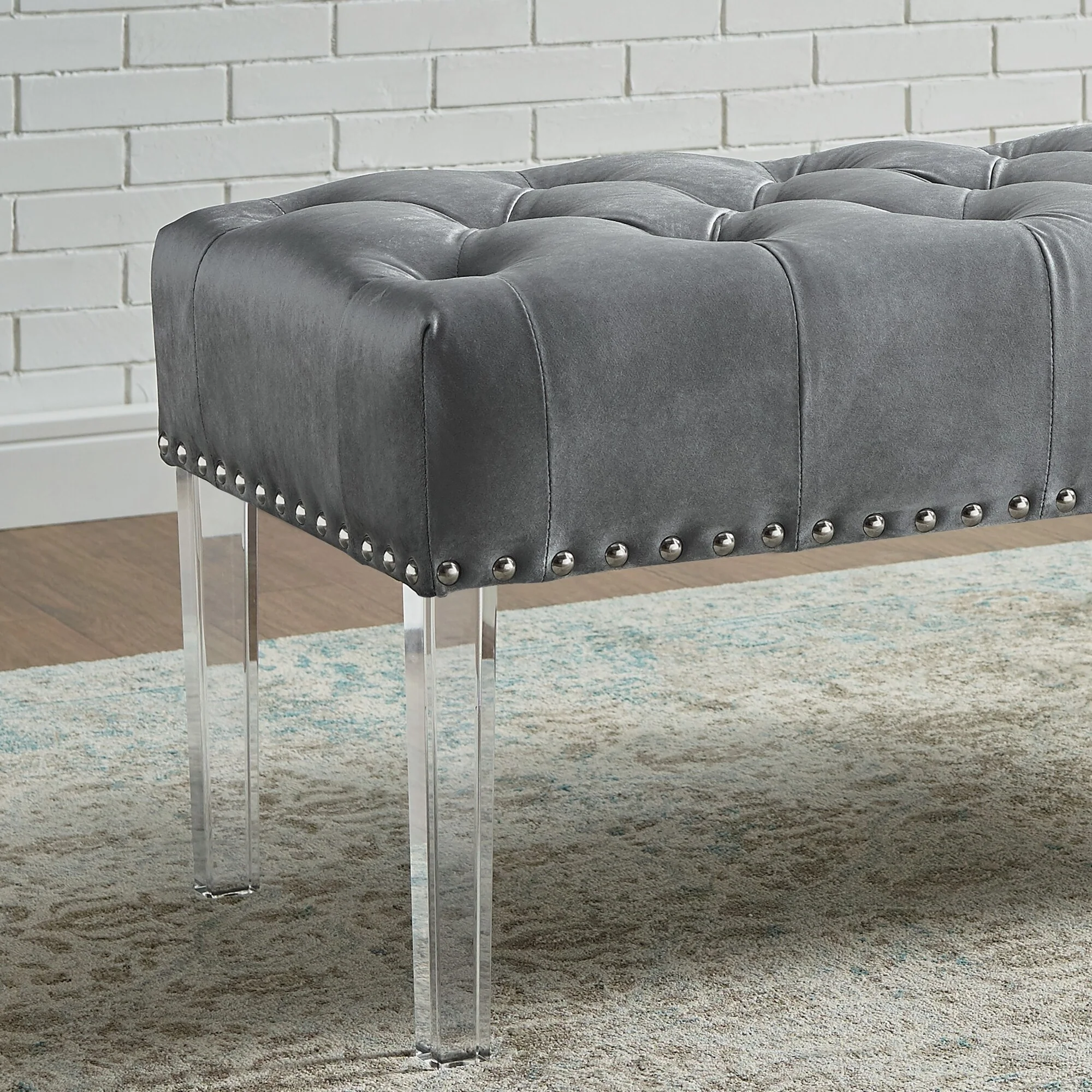 Button Tufted Velvet Upholstered Bench, Gray