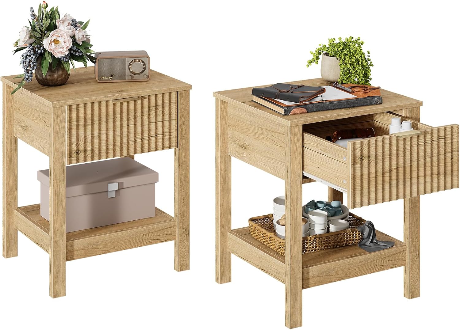 Fluted Night Stand with Golden Handle,Set of 2 Mid-Century Nightstands with Drawer, Bedside Table with Storage Shelf,Large Wood End Tables for Livingroom,Bed Side Tables for Bedroom, Natrual Oak