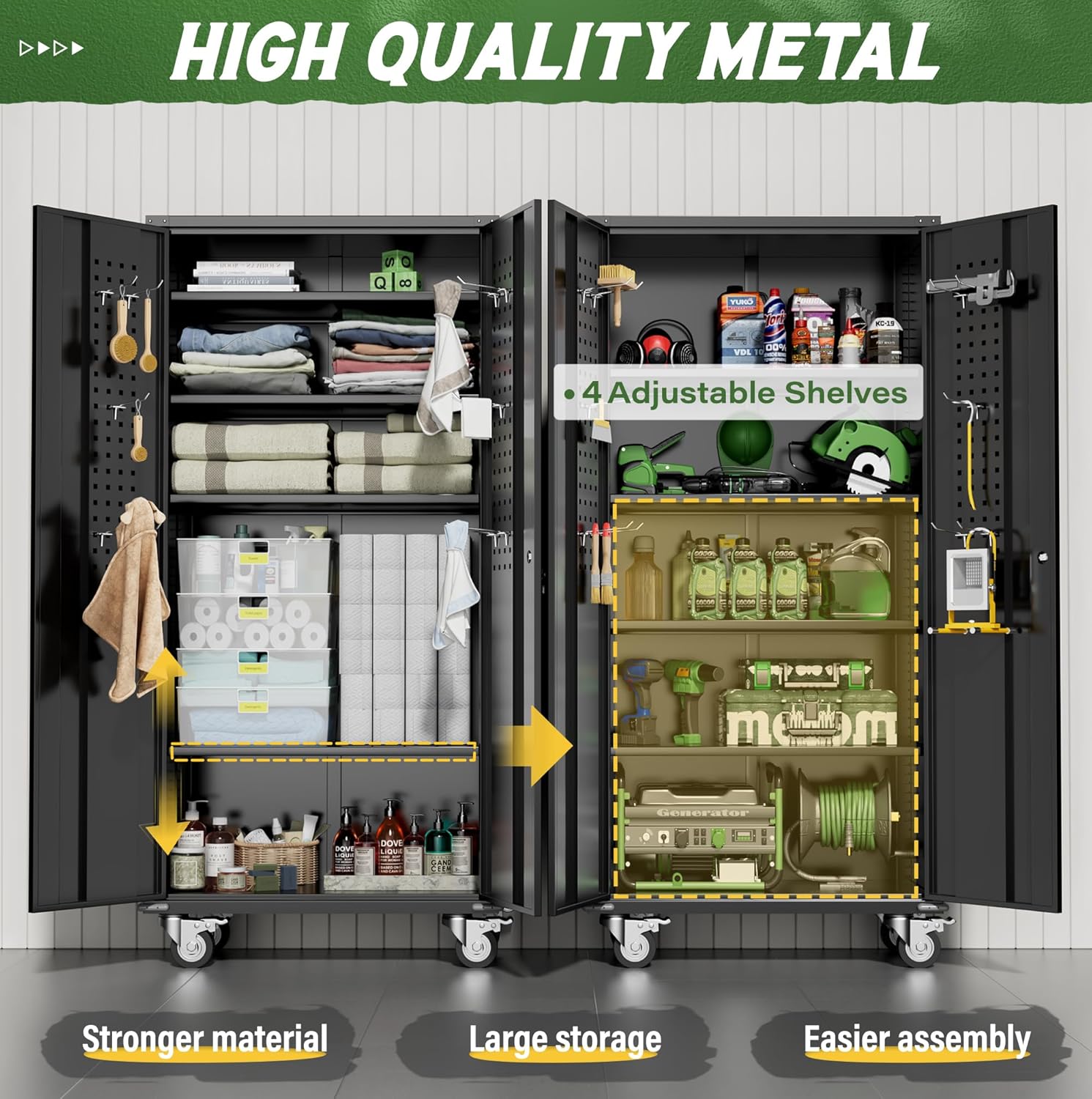 Greenvelly Metal Storage Cabinet with Wheels,72 Black Garage Storage Cabinet with Pegboards and Wheels, Rolling Tool Cabinet with Locking Doors and Shelves for Home,Basement, Kitchen