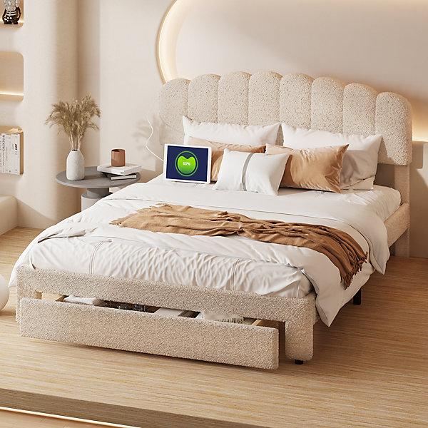 Lit double rembourré 160x200cm avec USB et grand tiroirs - tissu en sherpa - avec sommier à lattes - Beige