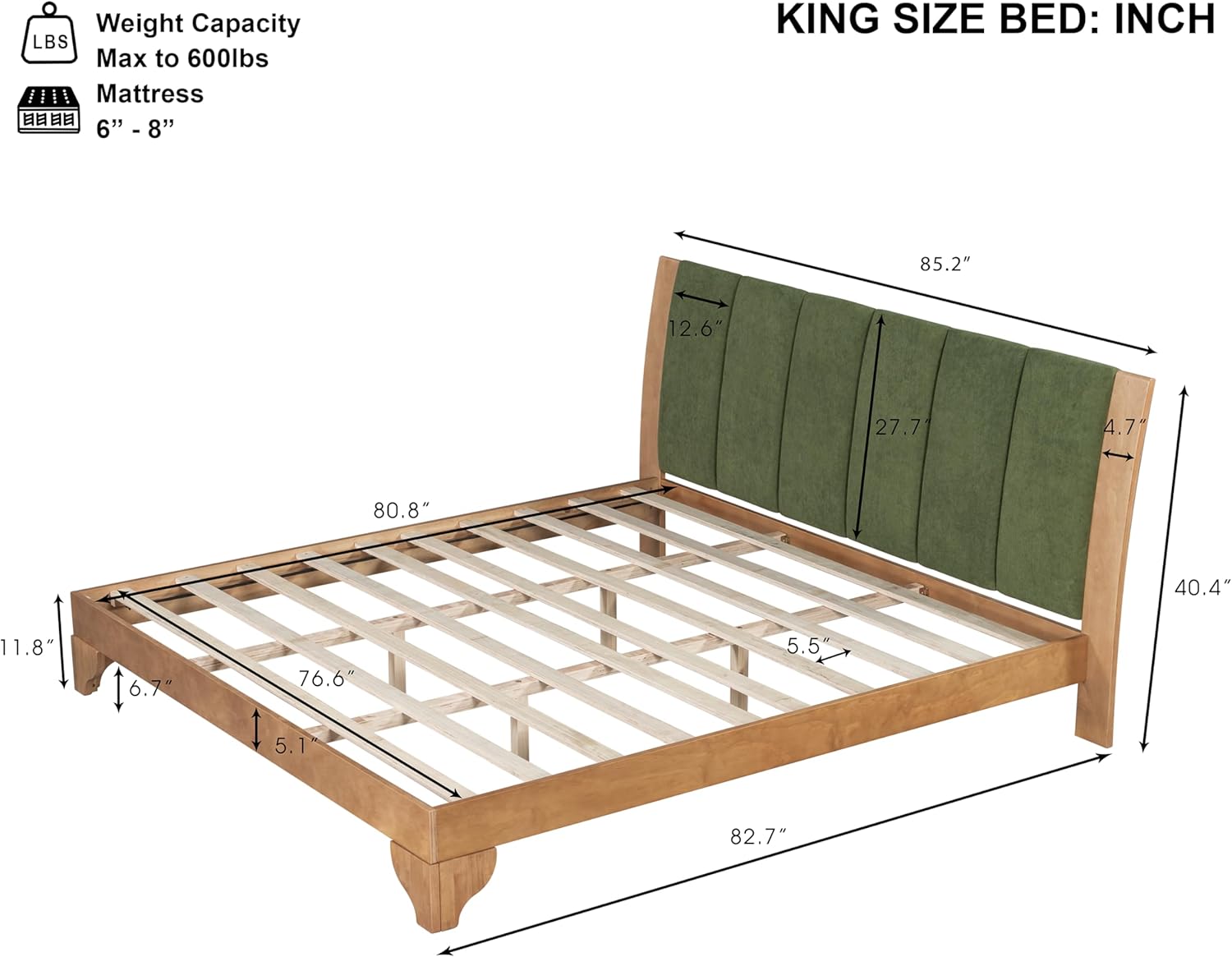 Christopher Knight Home Trisie Mid-Century Modern King Size Bed Frame and Headboard, Solid Wood King Platform Bed Frame with Upholstered Headboard, No Box Spring Needed, Easy Assembly, Natural