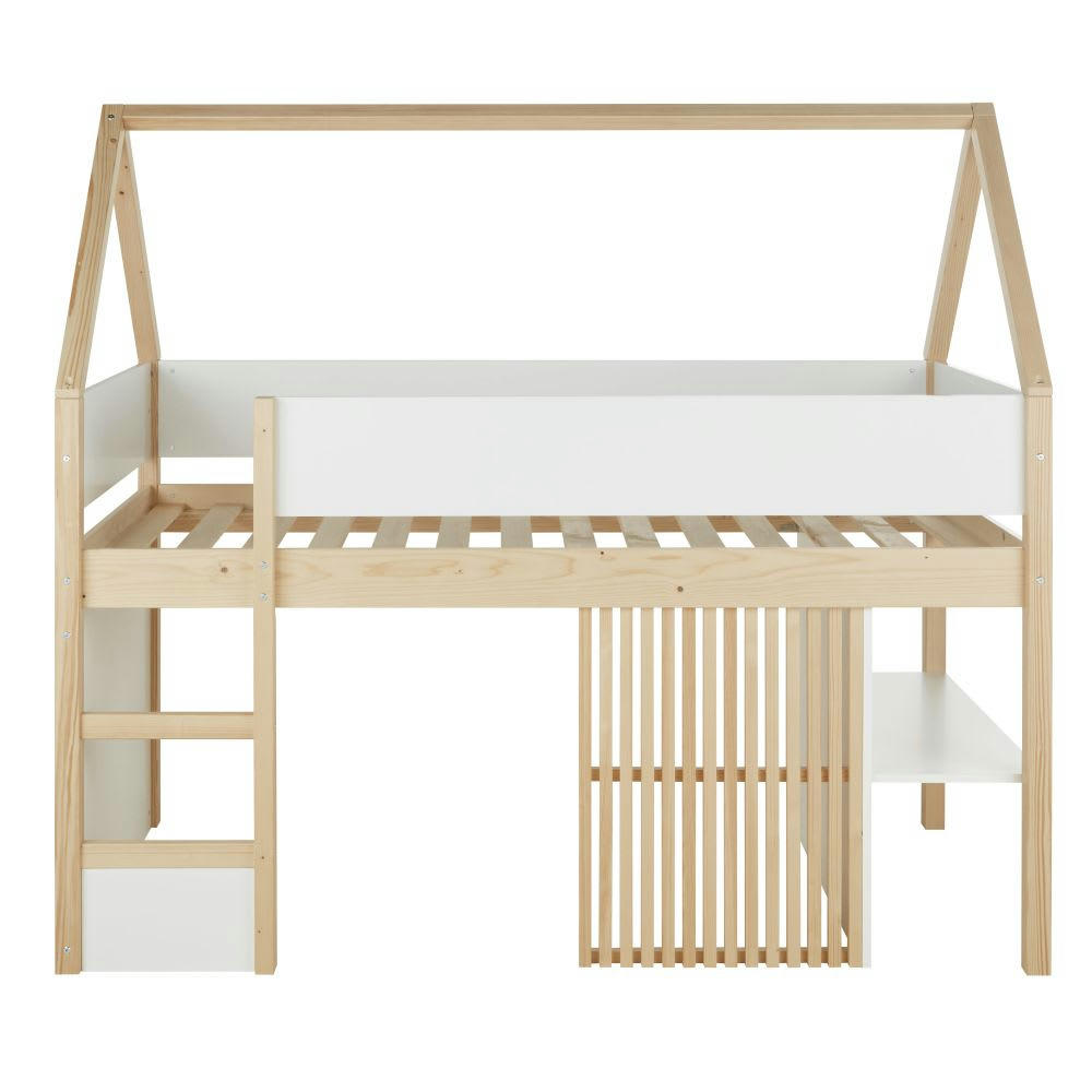 Safari - Lit cabane surelevé enfant 90x190 blanc et beige