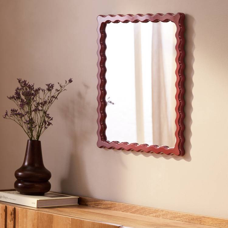 Habitat Red Wood Lacquered Wavy Wall Mirror - 48x40cm