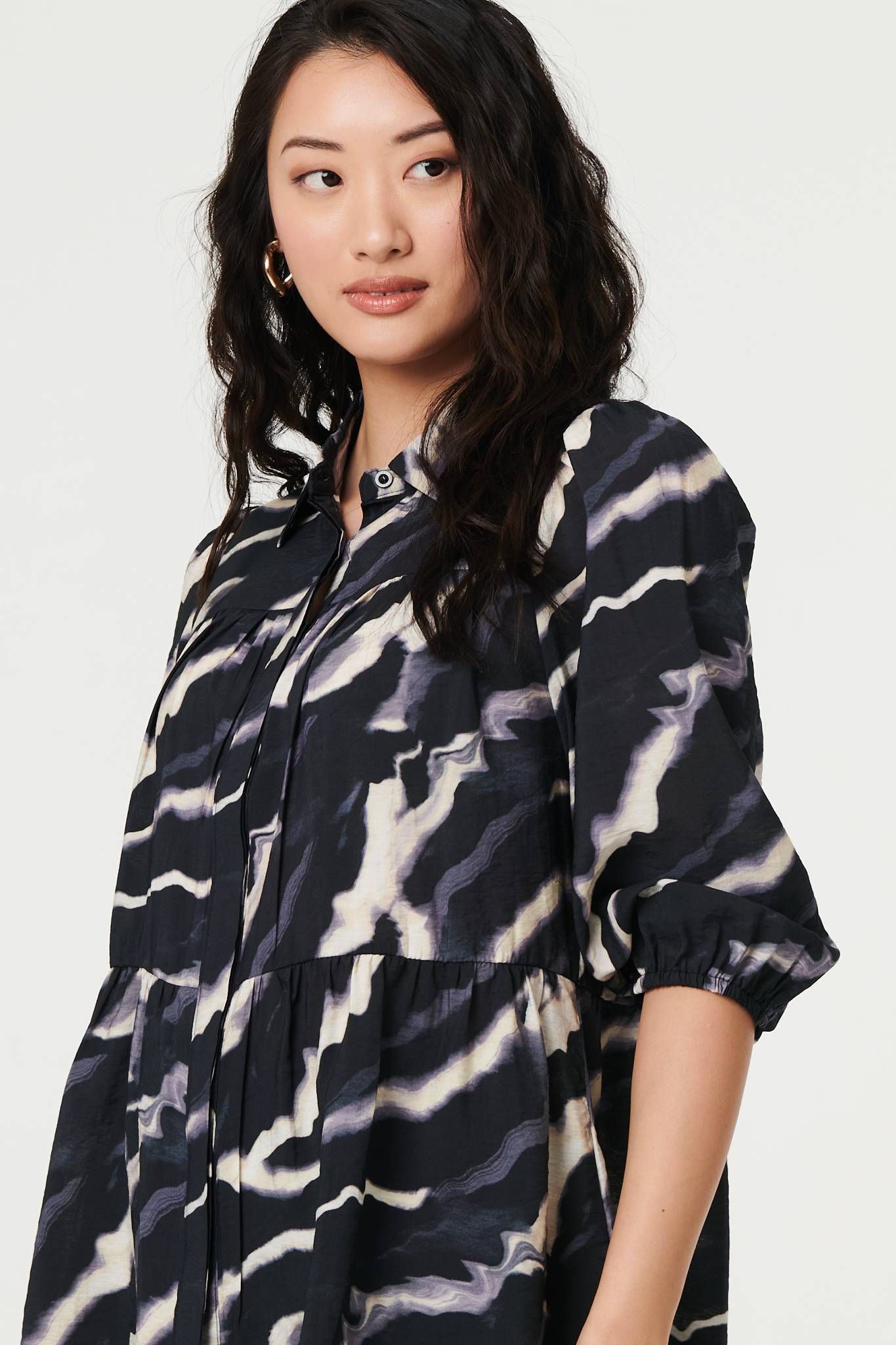 Izabel London Marble Print 3/4 Sleeve Ruched Blouse