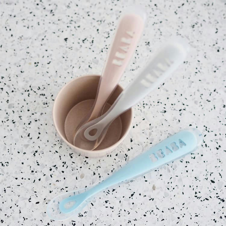 APPRENTISSAGE REPAS - Lot de 4 cuillères en silicone 1er âge bleu rose et gris