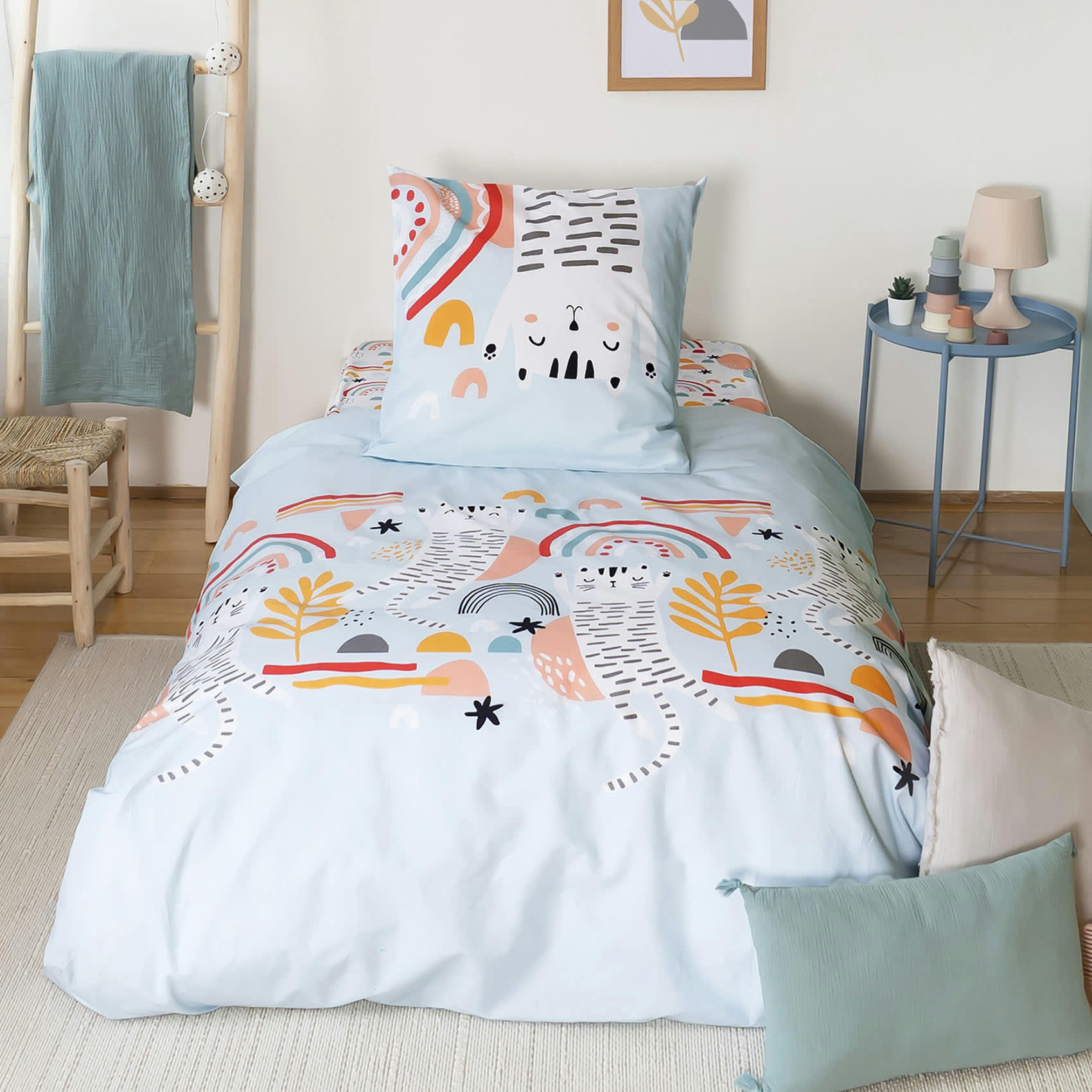 - Parure de couette aux chats tigrés coton bleu ciel 140x200 cm