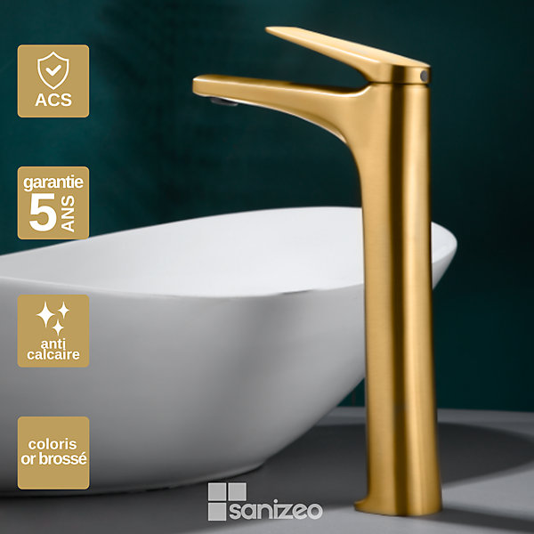 Mitigeur de Lavabo Bec Haut Anti-Calcaire Or Brossé IMEX DELOS BDD055-3OC
