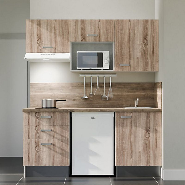 Kitchenette K20 façades Bois - Plan de travail Bois - Crédences : Oui - Evier inox - Electroménager Blanc inclus