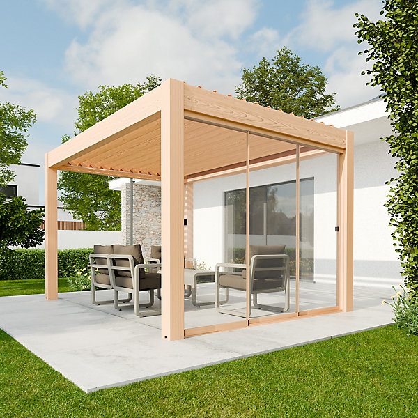 Paroi vitrée coulissante pour pergola Vali 3 x 4 m coloris chêne clair