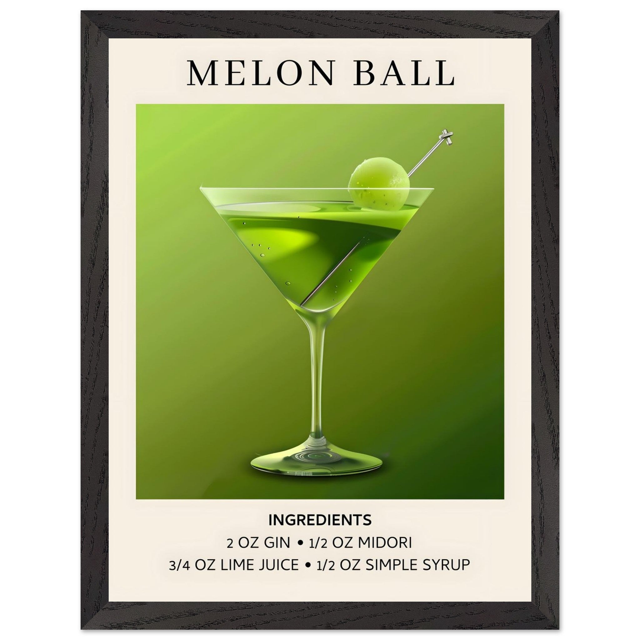 Artfulprints Poster met Lijst Melon Ball cocktail - Ingrediënten  - 30x40 cm - Groen