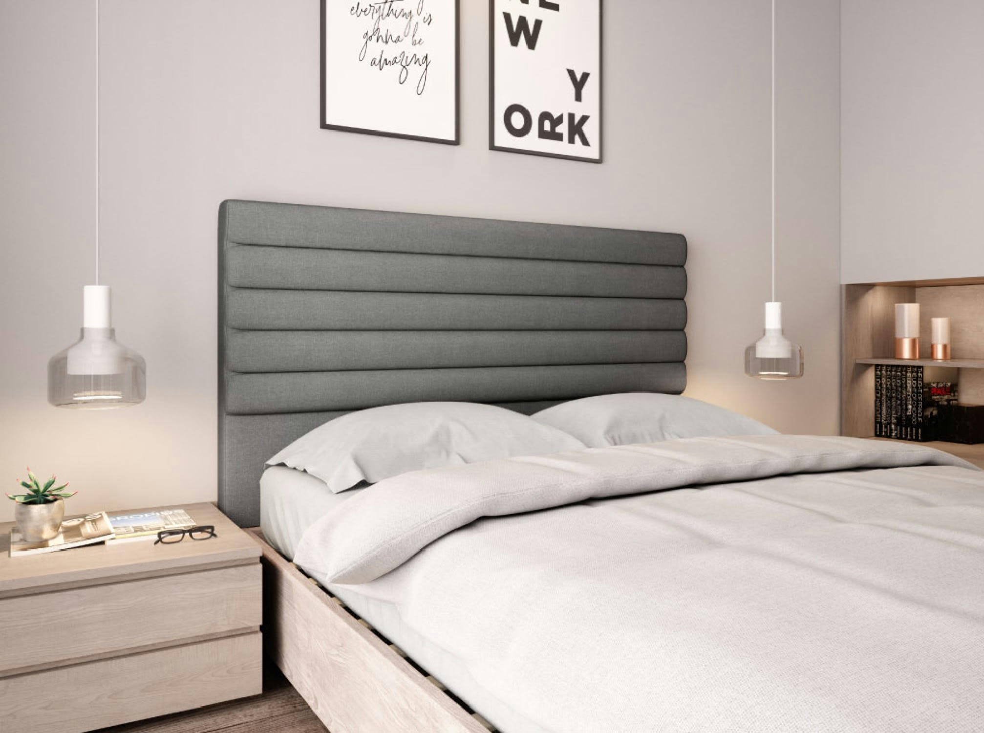 LUCA - Tête de lit en tissu - Gris, Largeur - 140 cm