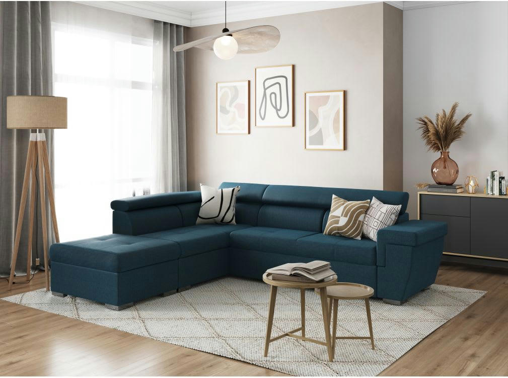 INAYA - Canapé d'angle gauche 5 places convertible en tissu - Bleu pétrole
