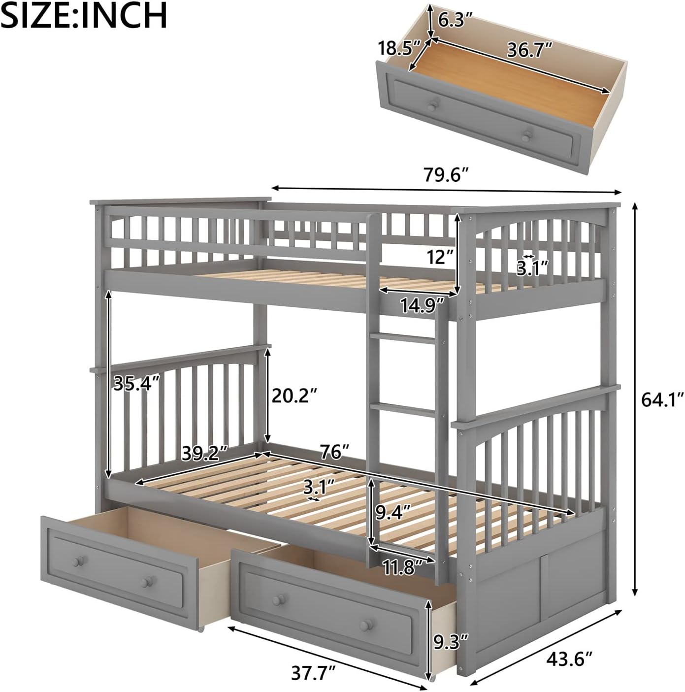 Merax Twin Over Twin Bunk Bed with 2 Storage Drawers and Ladder, Can be Devided into 2 Beds, No Spring Box Needed, Grey
